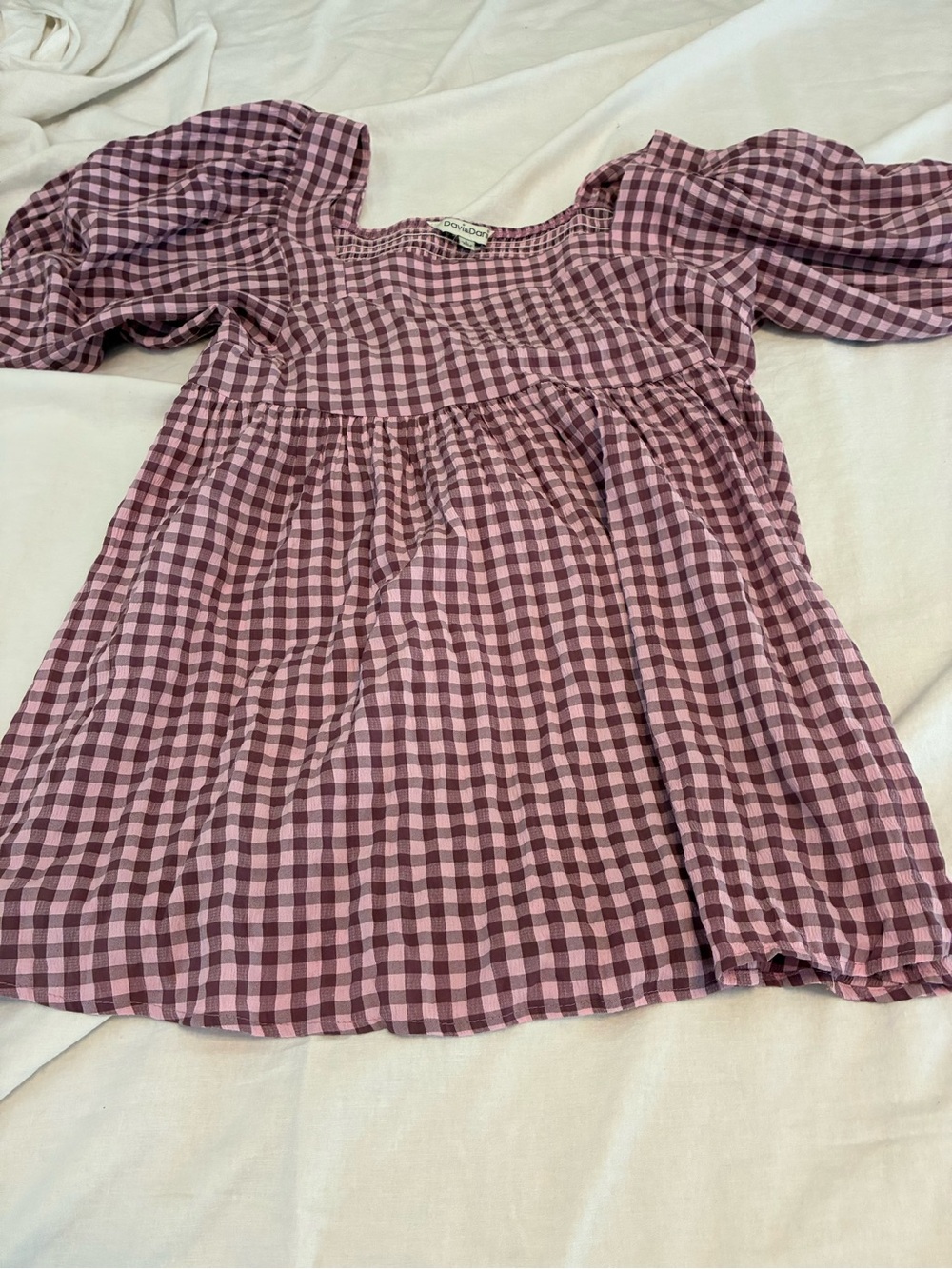 Lavender and Burgundy Gingham Smocked Puff Sleeve tunic